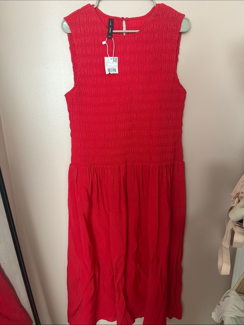 Mango Red Sleeveless Smocked Midi Dress